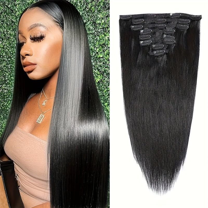 Straight Human Hair Clip In Hair Extensions For Women 100% Unprocessed Full Head Brazilian Virgin Hair Natural Black Color, 8/Pcs With 18Clips, 4.06 oz